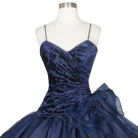 Vintage 80s Navy Blue Velvet Burnout Full Skirt Bow Dance Prom Party Dress XS S - Picture 11 of 12